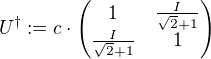 U^†:=c⋅\begin{pmatrix} 1 & ÷{I}{√{2}+1} \\ ÷{I}{√{2}+1} & 1 \end{pmatrix}